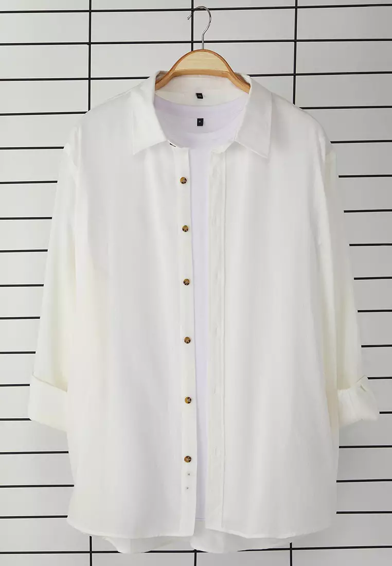 White Regular Fit Epaulette Wrinkled Effect Linen Look Plus Size Shirt TMNSS25AX00002