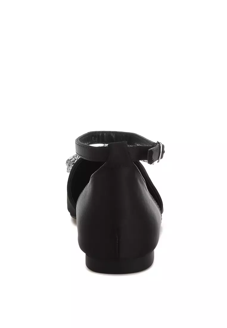 黑色水鑽細部蝴蝶結平底涼鞋