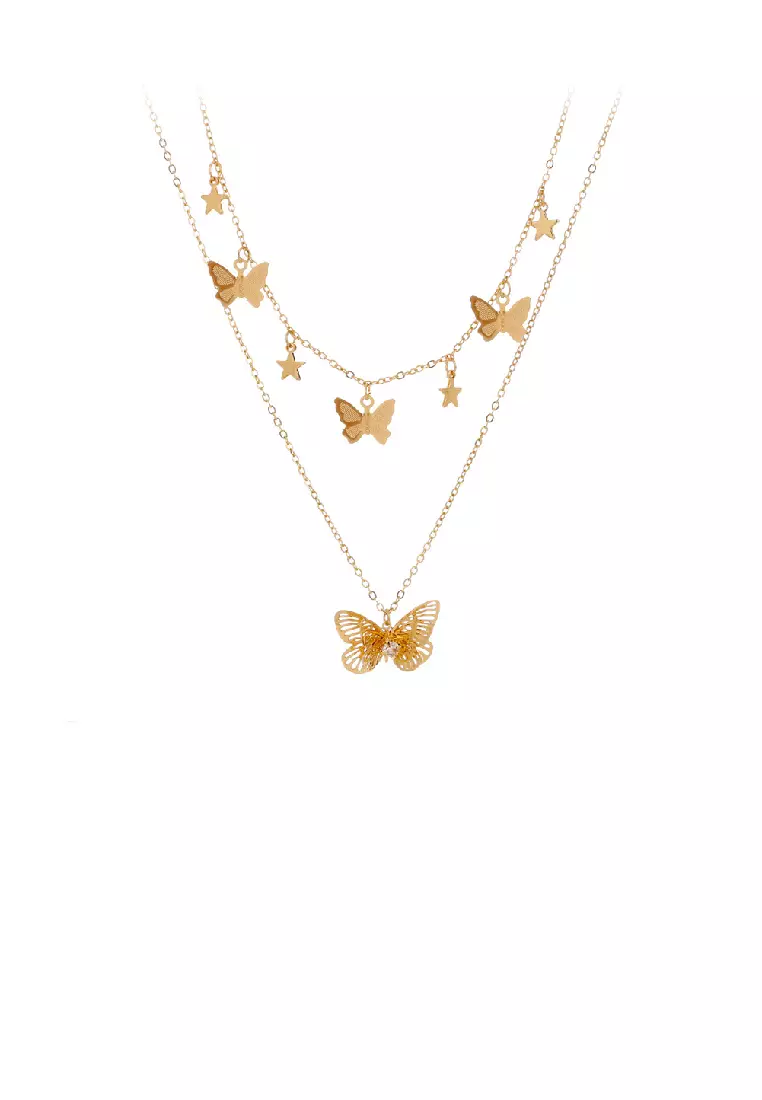 Elegant Fashion Plated Gold Hollow Butterfly Pendant with Cubic Zirconia and Double Layer Necklace