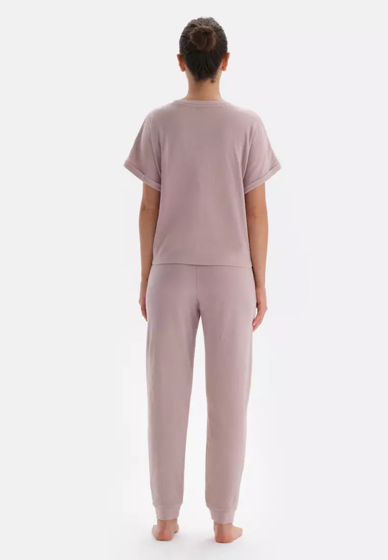 Light Pink T-Shirt & Trousers Knitwear Set, Slogan Printed, Crew Neck, Oversize, Long Leg, Short Sleeve Sleepwear for Women