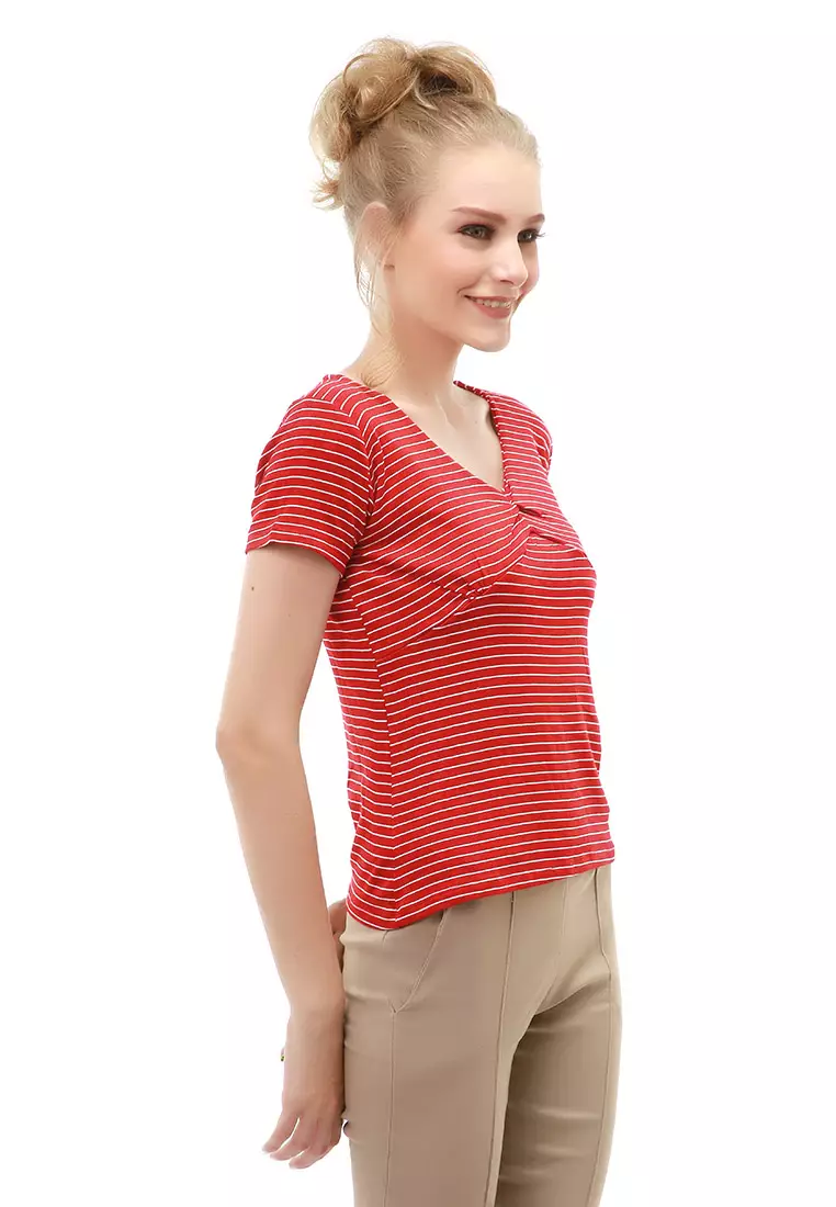 Genevie Blouse Kasual Wanita Lengan Pendek Model Salur Variasi Kerut Tengah Material Cotton ORIGINAL - Maroon