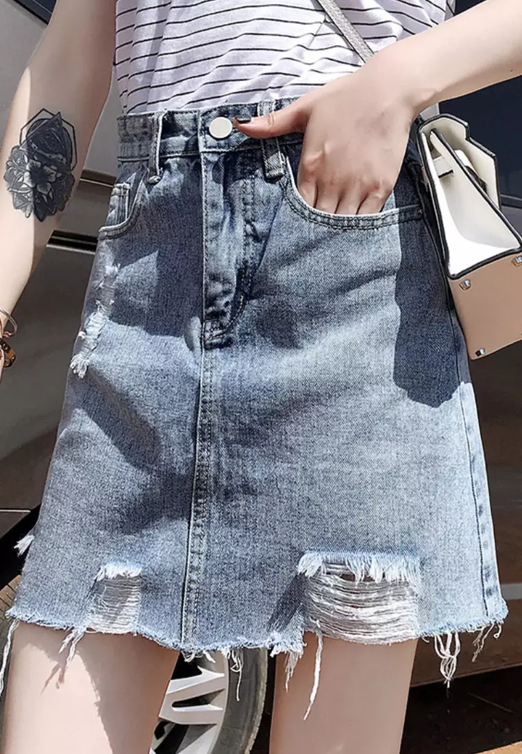 Cheap ripped hotsell denim skirt