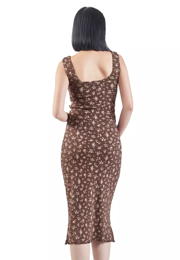 Ditsy Floral Print Pointelle Jersey Mermaid Midi Skirt W/ Bow And Lace Details