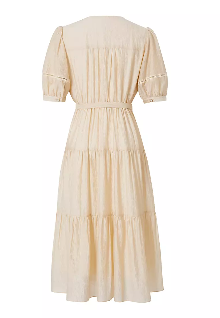 Pleated Button-Front Puff Sleeve Dress