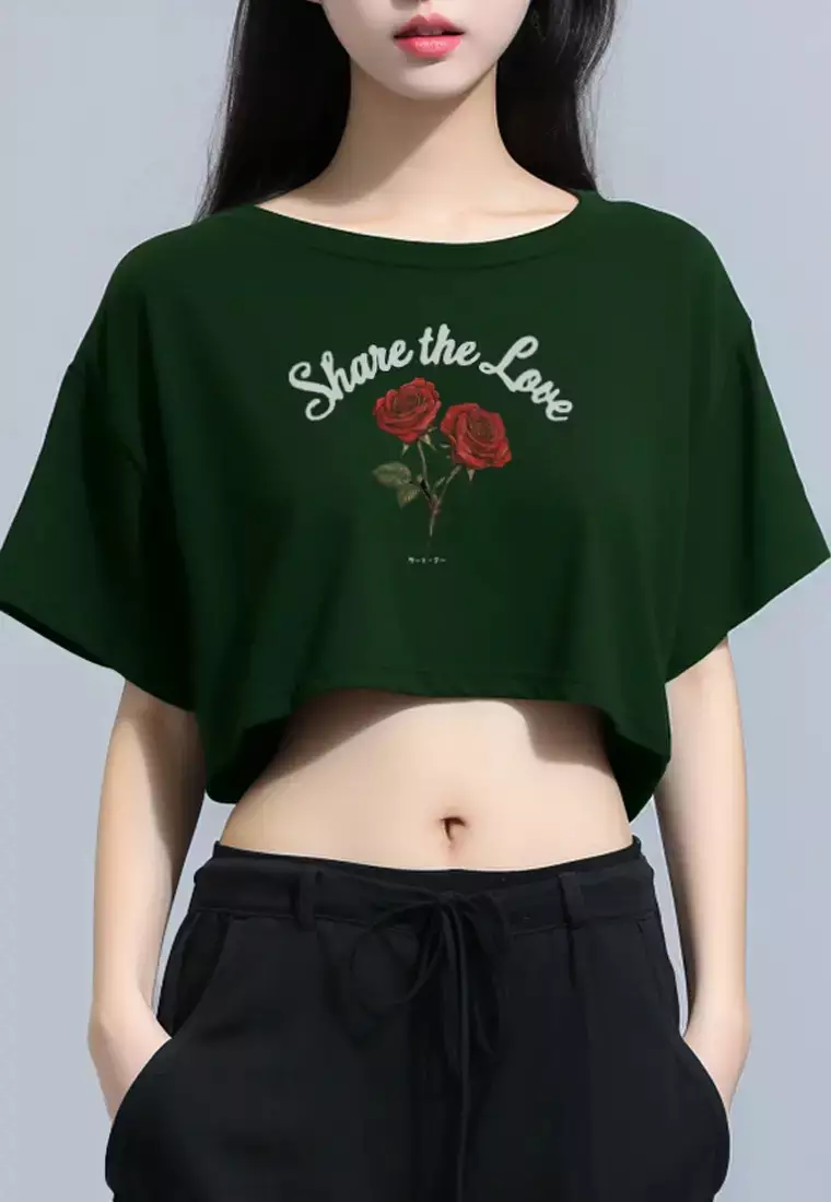 LTG38 Kaos gambar bunga mawar oversize olc "share the love" hijau army