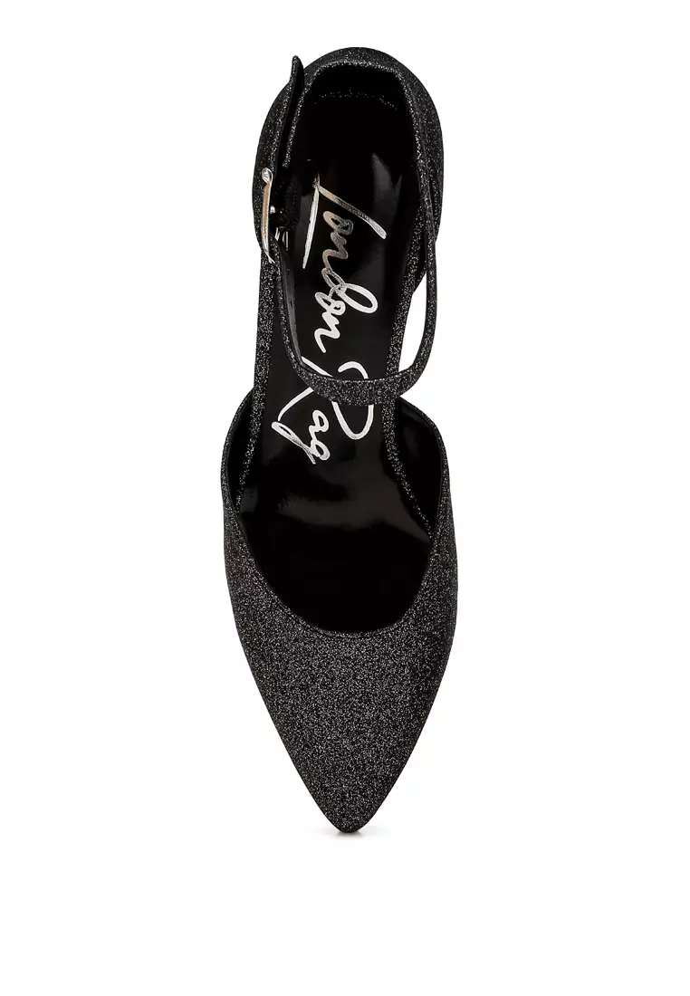 Glitter Block Heel Sandals in Black