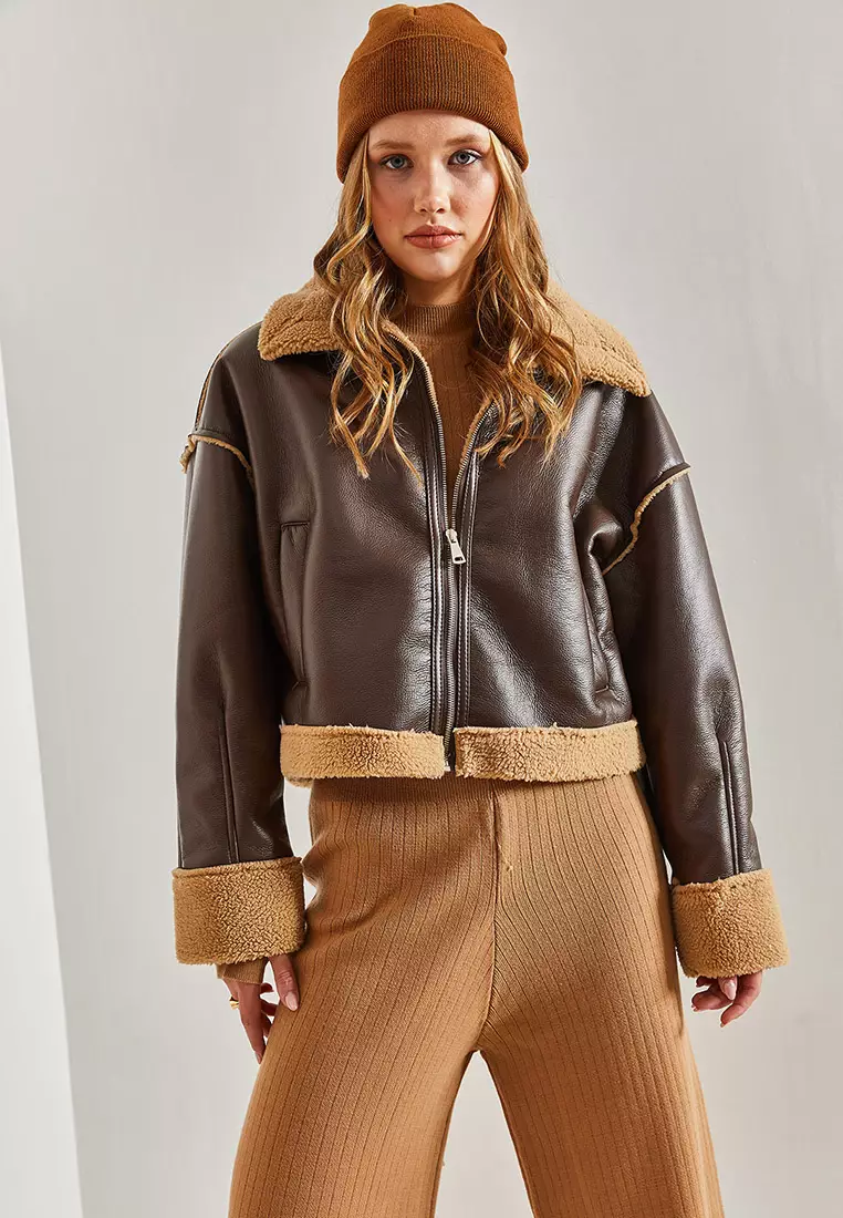 Furry Leather Coat with Side Pockets