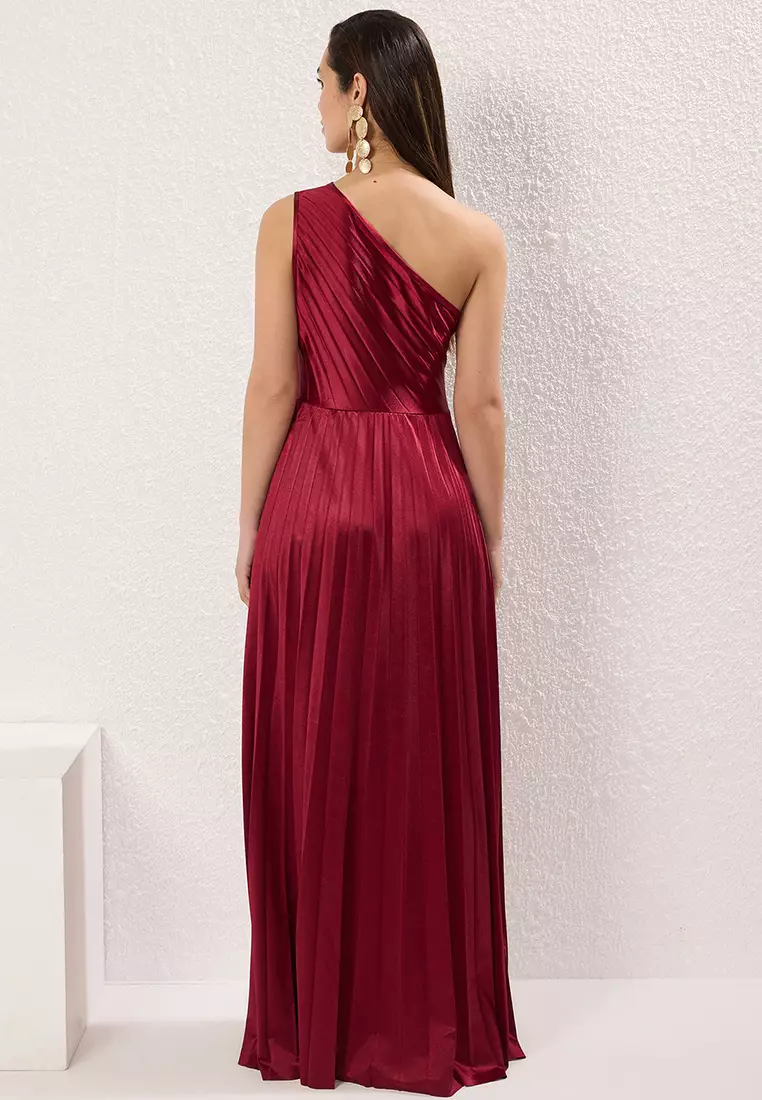 Burgundy Plain Skirt Opening at Waist Pleated Knitted Satin Maxi Evening Night Graduation Dress TPRSS25AE00161