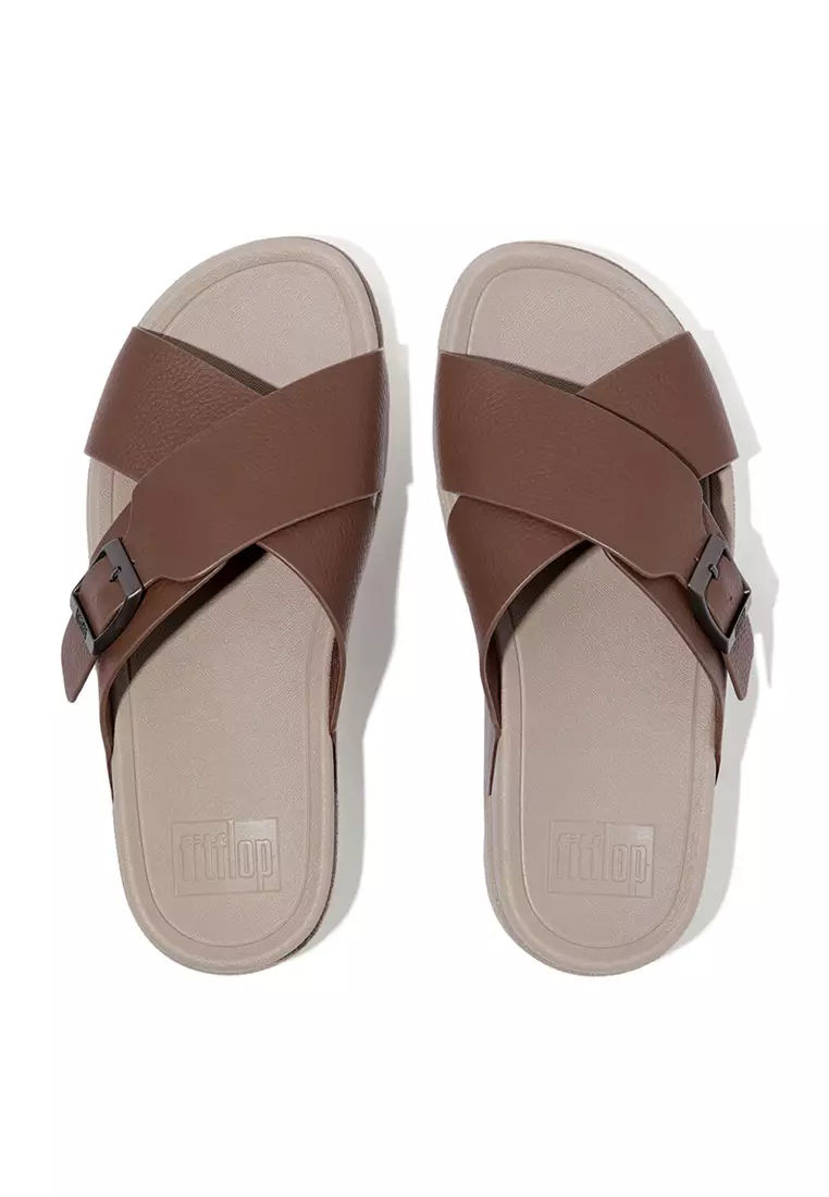 Surfer Mens Buckle Tumbled-leather Cross Slides