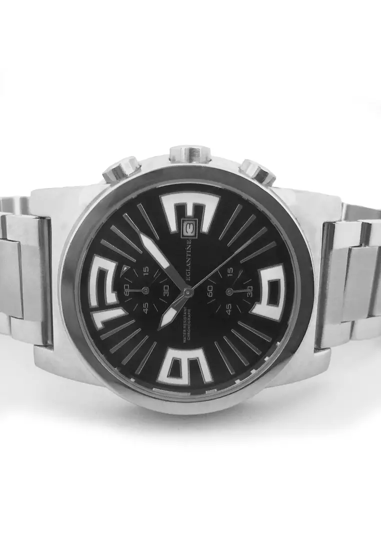 EGLANTINE® Maximo Black Dial Steel Chrono Quartz Watch on Steel Bracelet