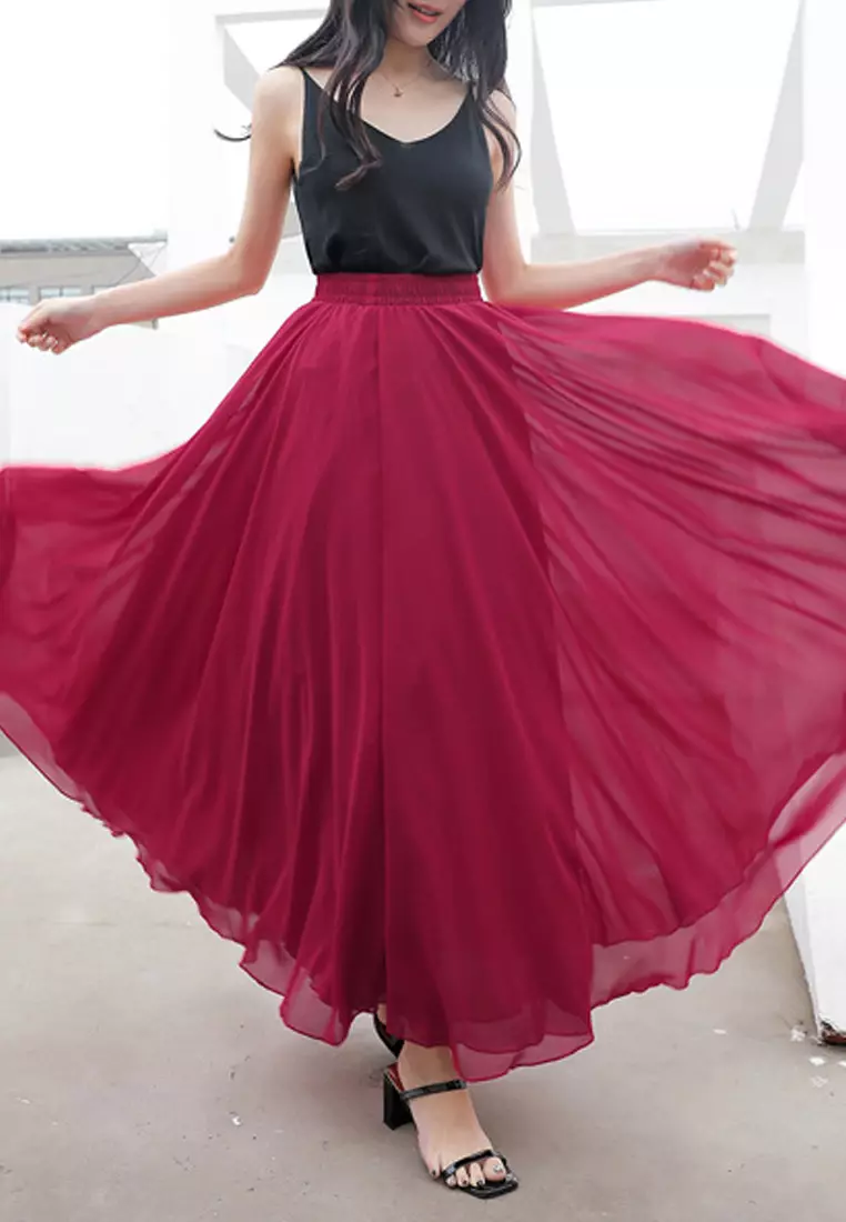 wine red chiffon maxi skirt