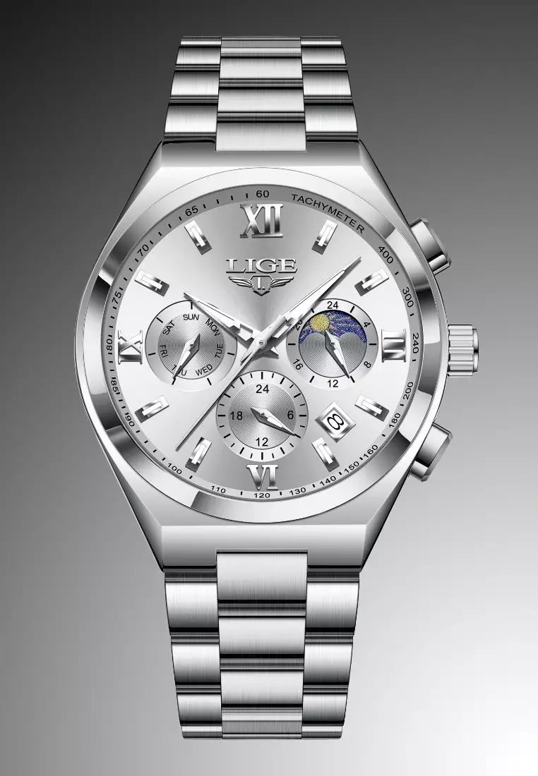 Chronograph Unisex Stainless Steel Quartz Watch 42mm, Silver dial, on Steel Bracelet