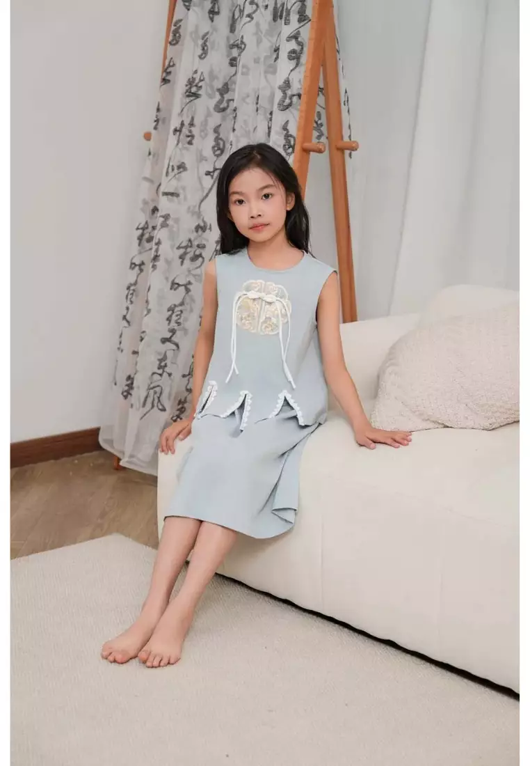 活力智慧藍色親子裝女嬰兒兒童唐裝漢服上衣與裙子套裝0842