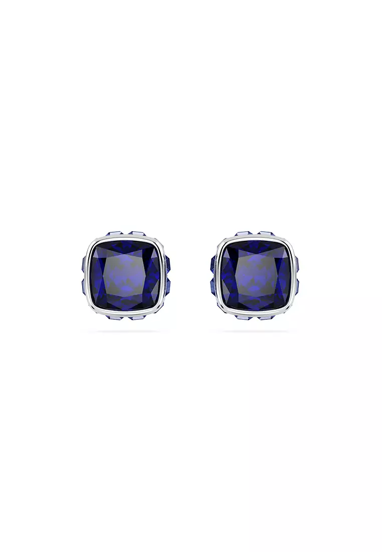 Birthstone Stud Earrings, Square Cut, September, Blue, Rhodium Plated