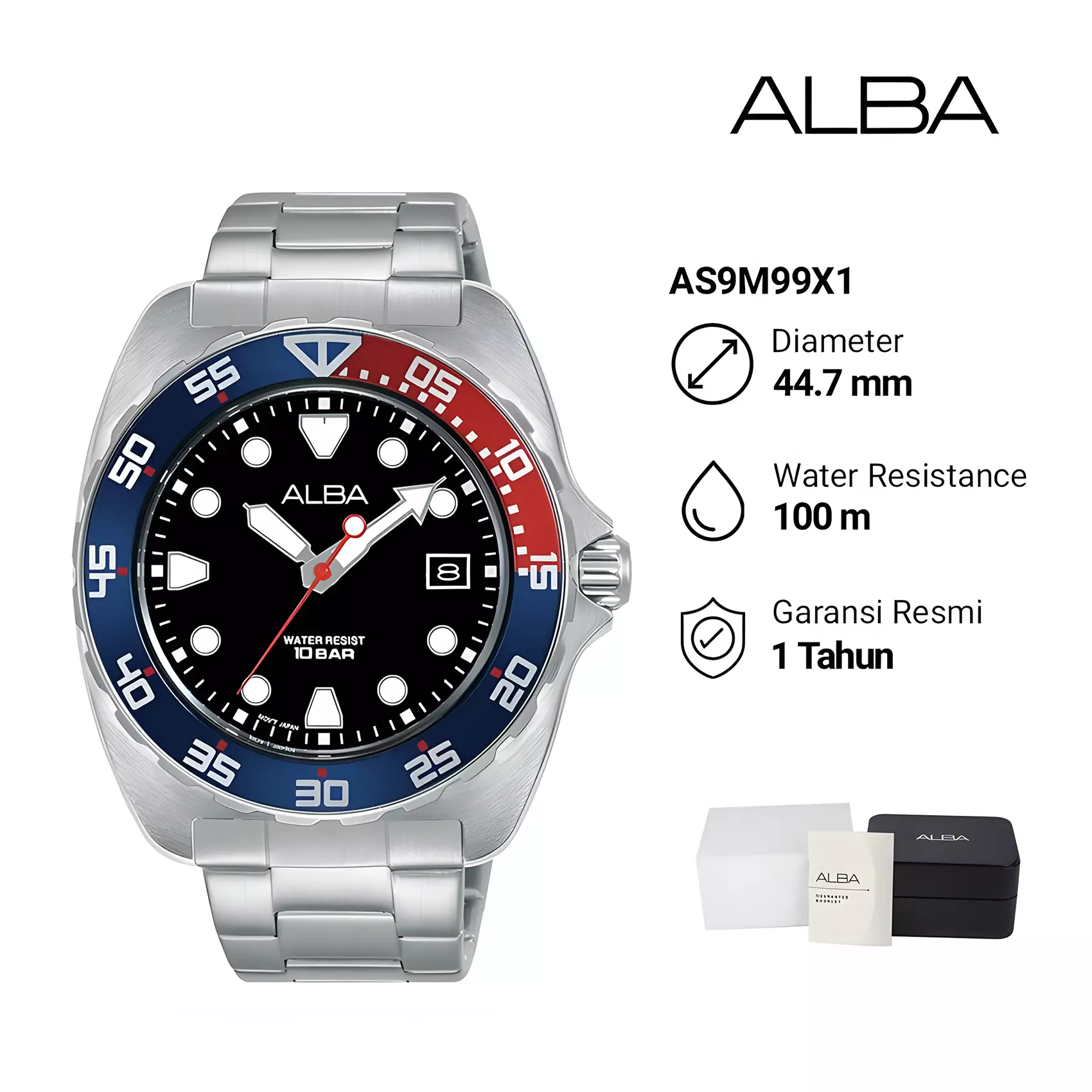 Alba Active - Jam Tangan Analog Pria - Black Dial - Silver Stainless Steel - AS9M99X1