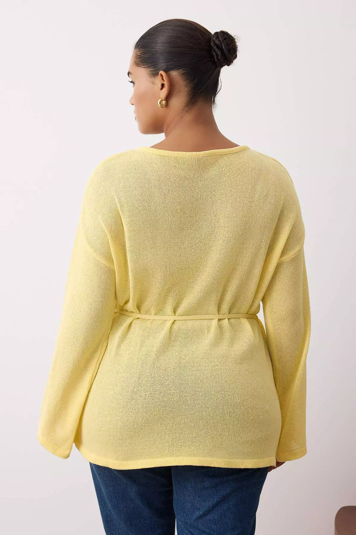 Yellow Boat Neck Waist Belted Slim Knitwear Sweater Tbbaw26An00036