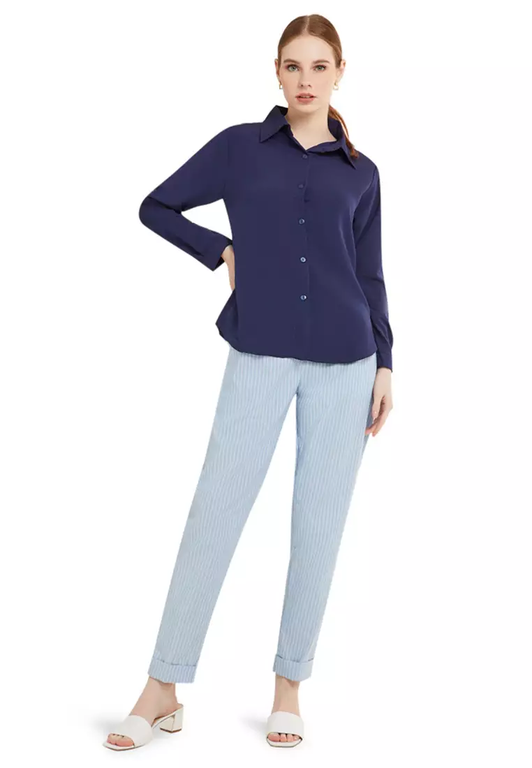 Kemeja Kerja Polos Plain Wanita Lengan Panjang Reguler Fit Premium Quality - Navy