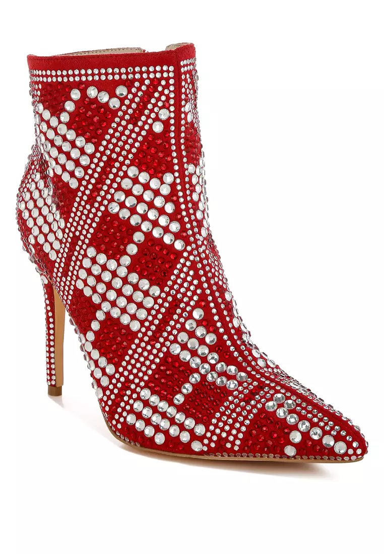 Rhinestones Studded Stiletto Heel Boots in Red
