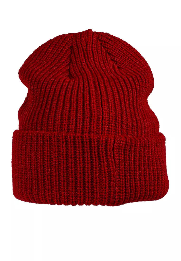 Waffle Cuff Embroidered Beanie In Burgundy