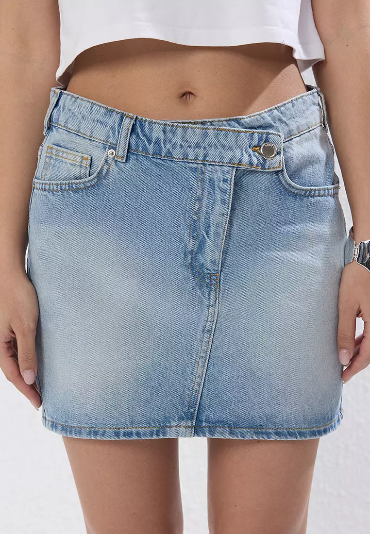 Blue More Sustainable Double Breasted Waist Detail High Waist Mini Denim Skirt TWOSS25ET00133