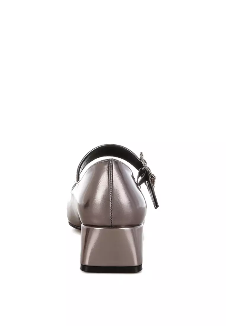 Diamante Brooch Metallic Mary Jane Pumps In PEWTER