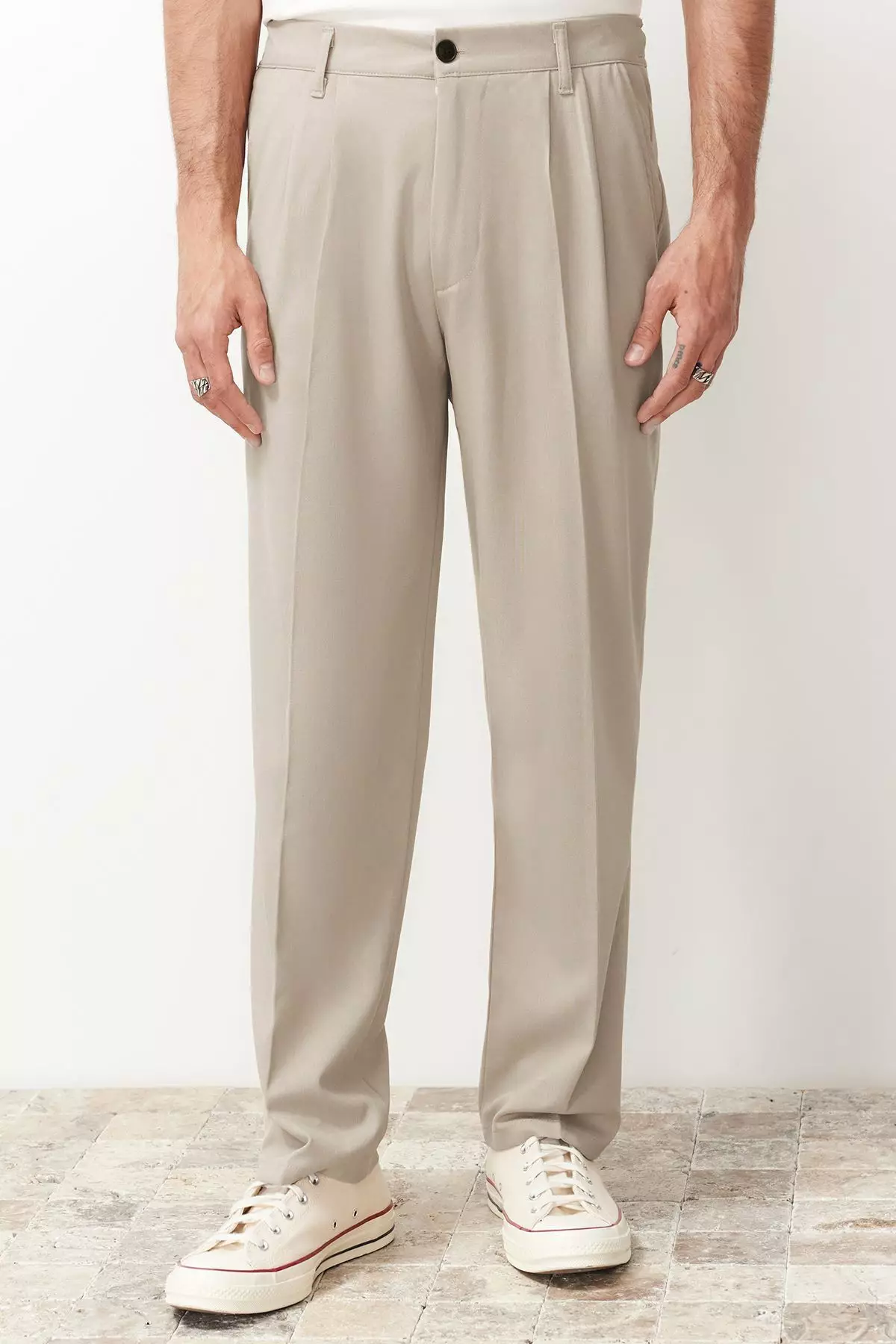 Stone Pleated Classic Baggy Fit Fabric Pants Tmnss24Pl00024