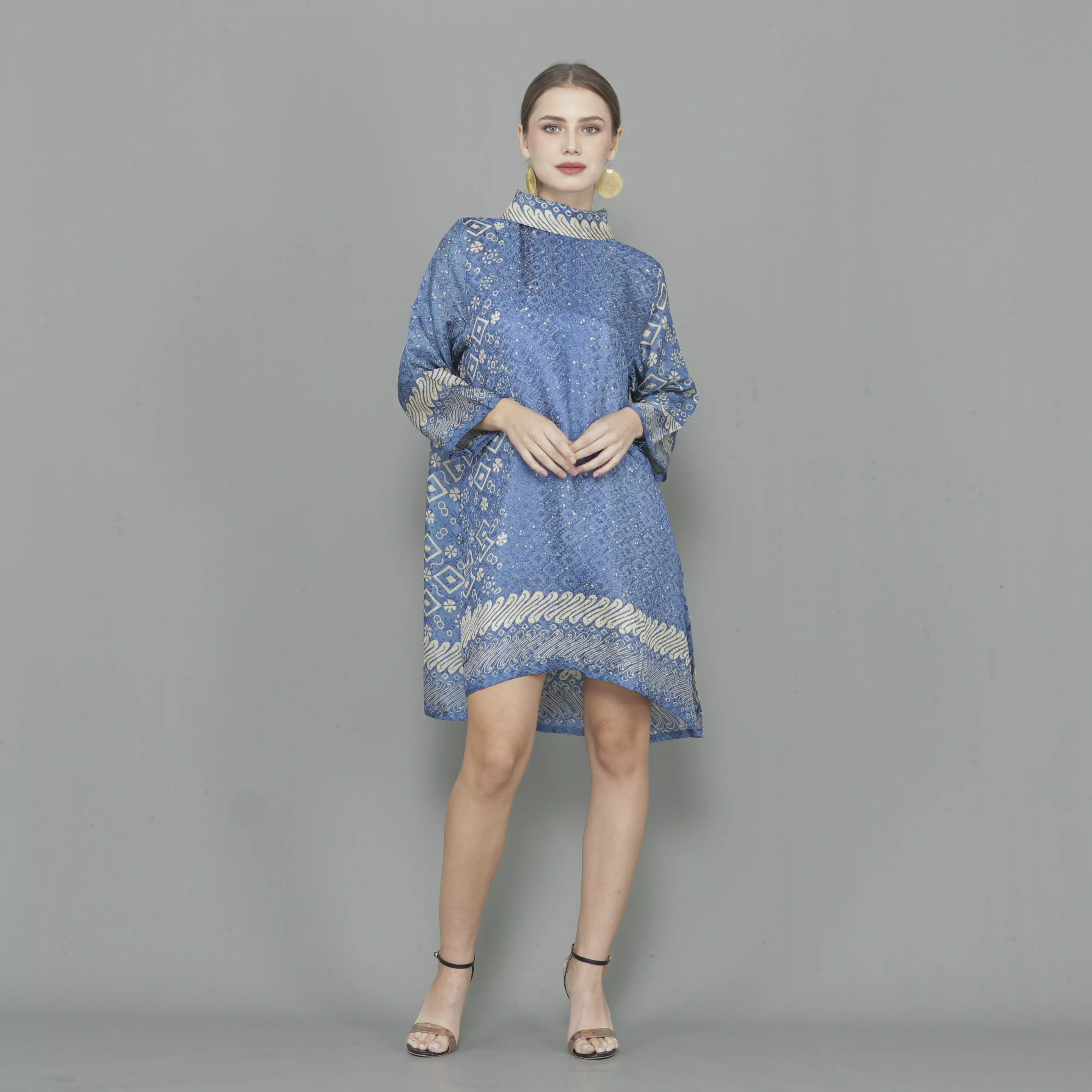 Rinjanie Batik - Dress Tunik Kekinian - Tunik Batik Bola Kerah - Batik Cap Modern - Blue Gold Series