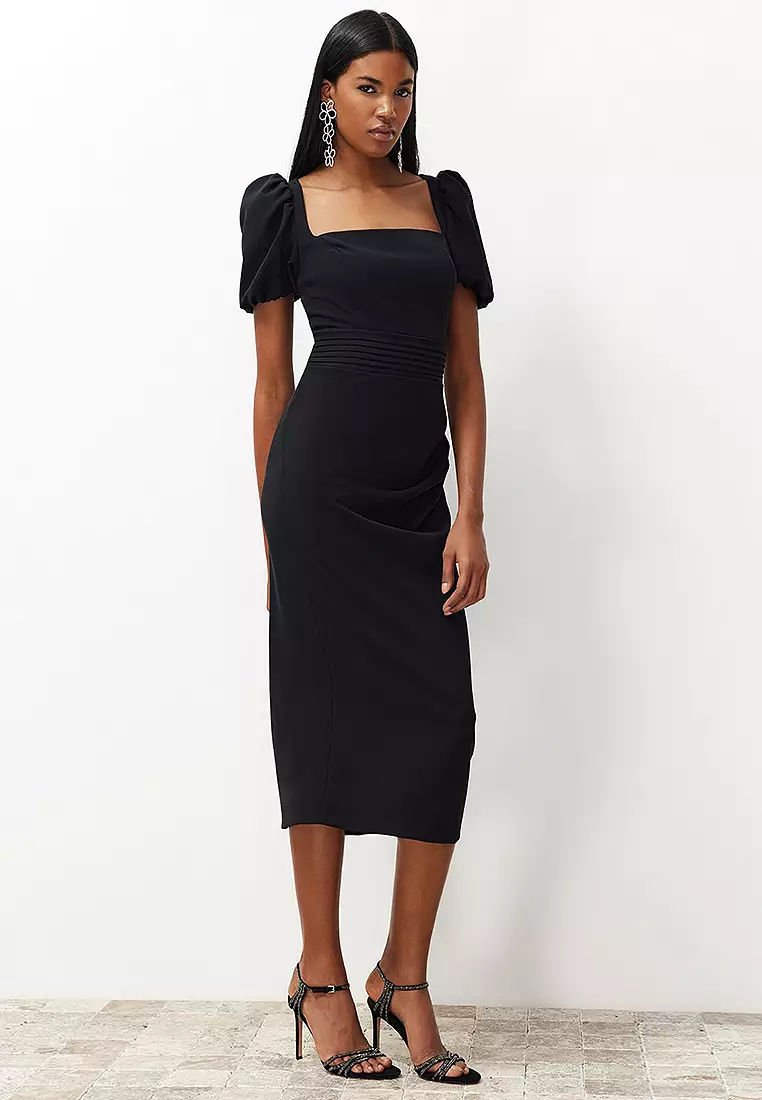 Square Neck Puff Sleeves Slit Midi Dress