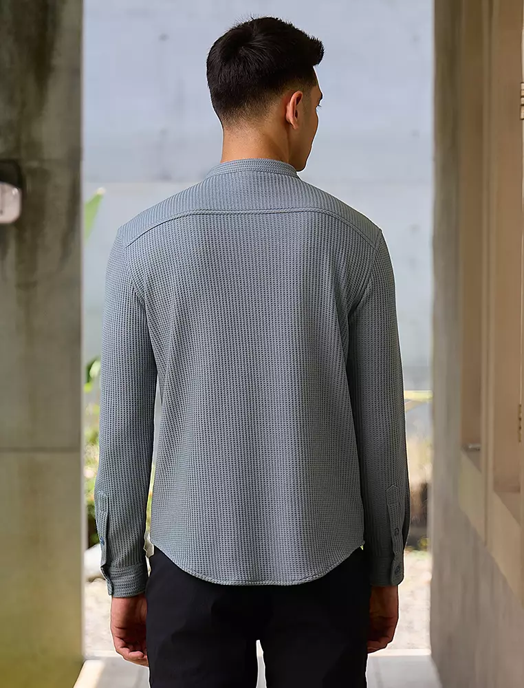 OXCON kemeja Tangan Panjang Waffle Kerah Collarless Sage Grey