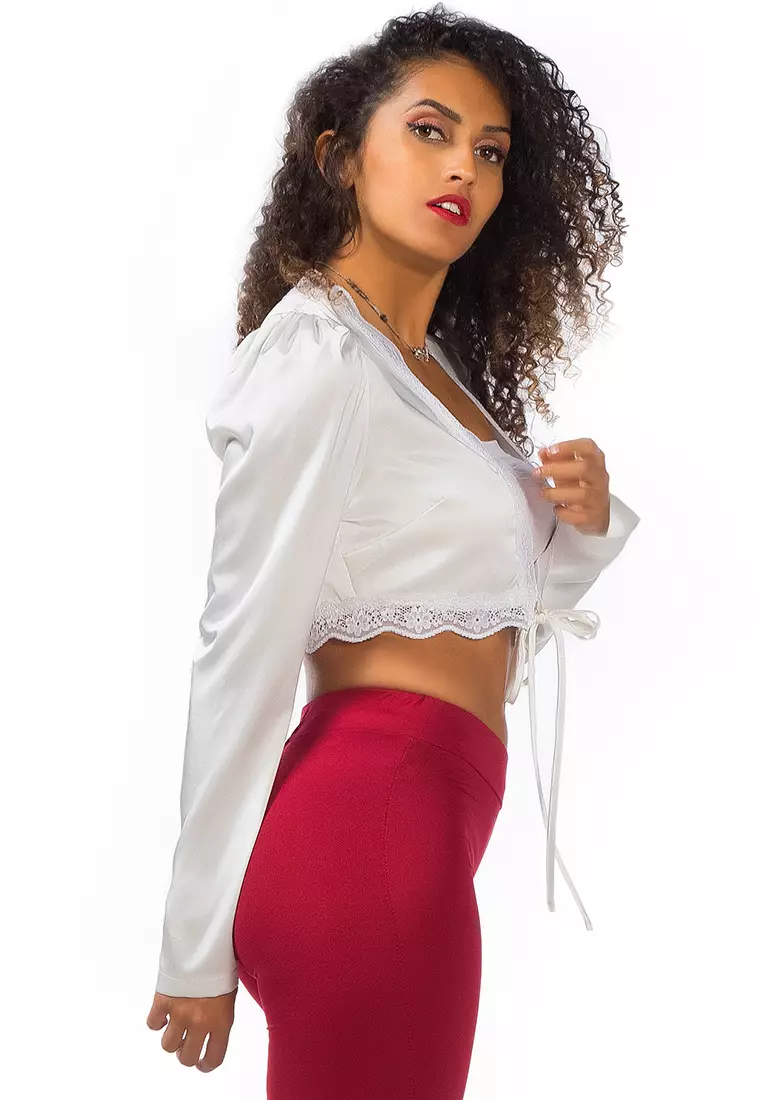 Lancey Top - Long Sleeve Plunge Crop Top in White