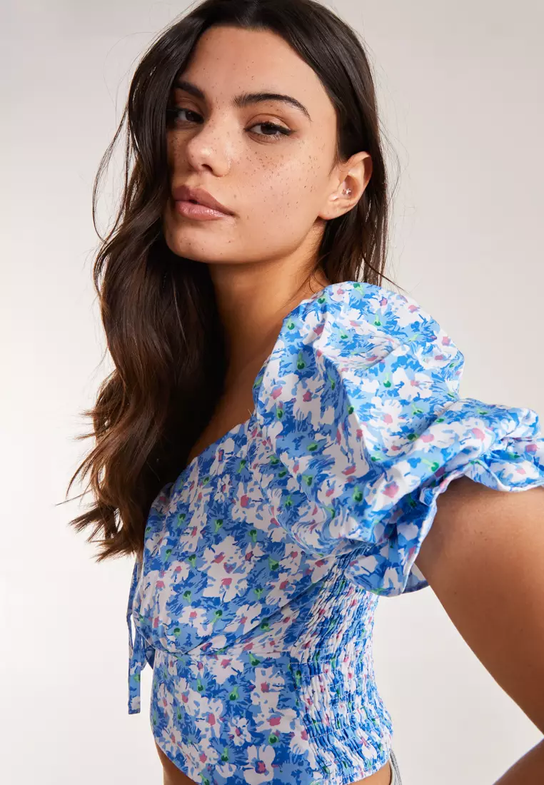 Pink Vanilla Blue Tie Detail Puff Sleeve Crop Top