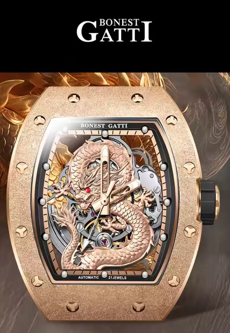 DRAGON 自動中性不鏽鋼手錶，橡膠錶帶