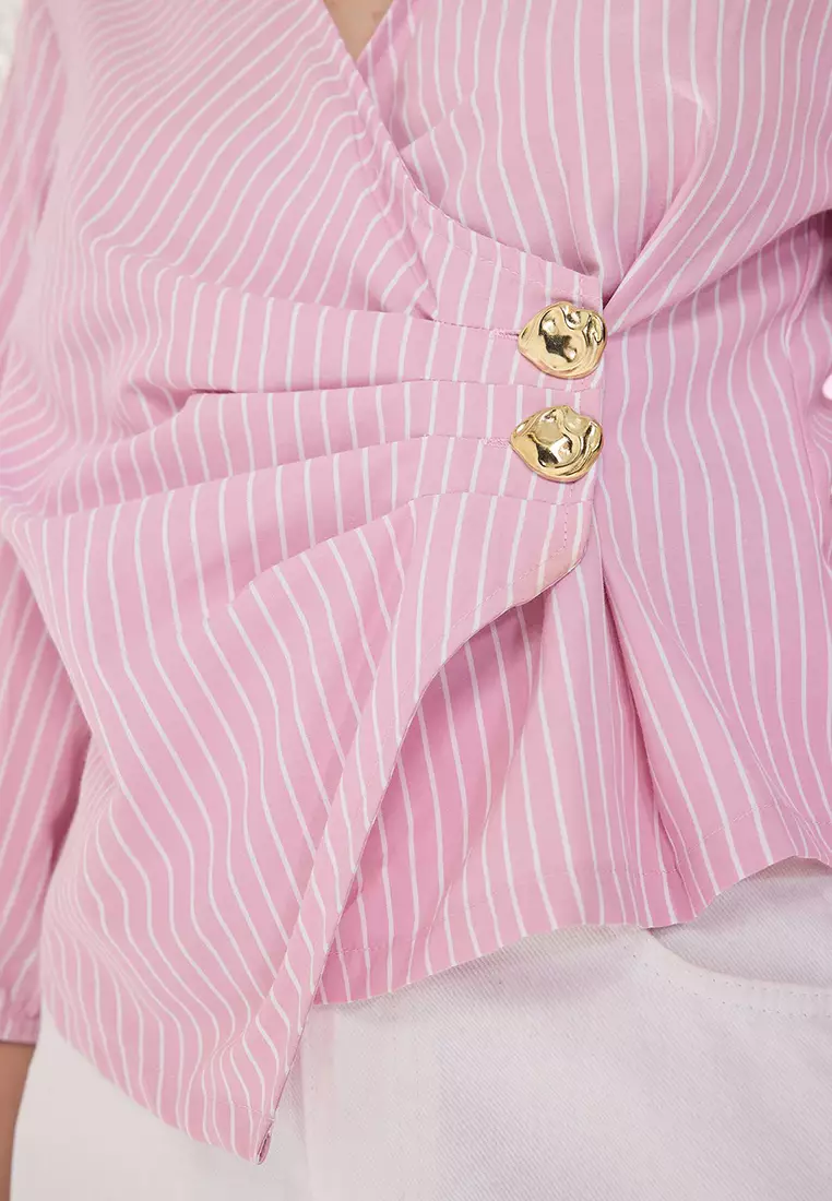 Pink Double Breasted Striped Woven Blouse Twoss25Bz00170
