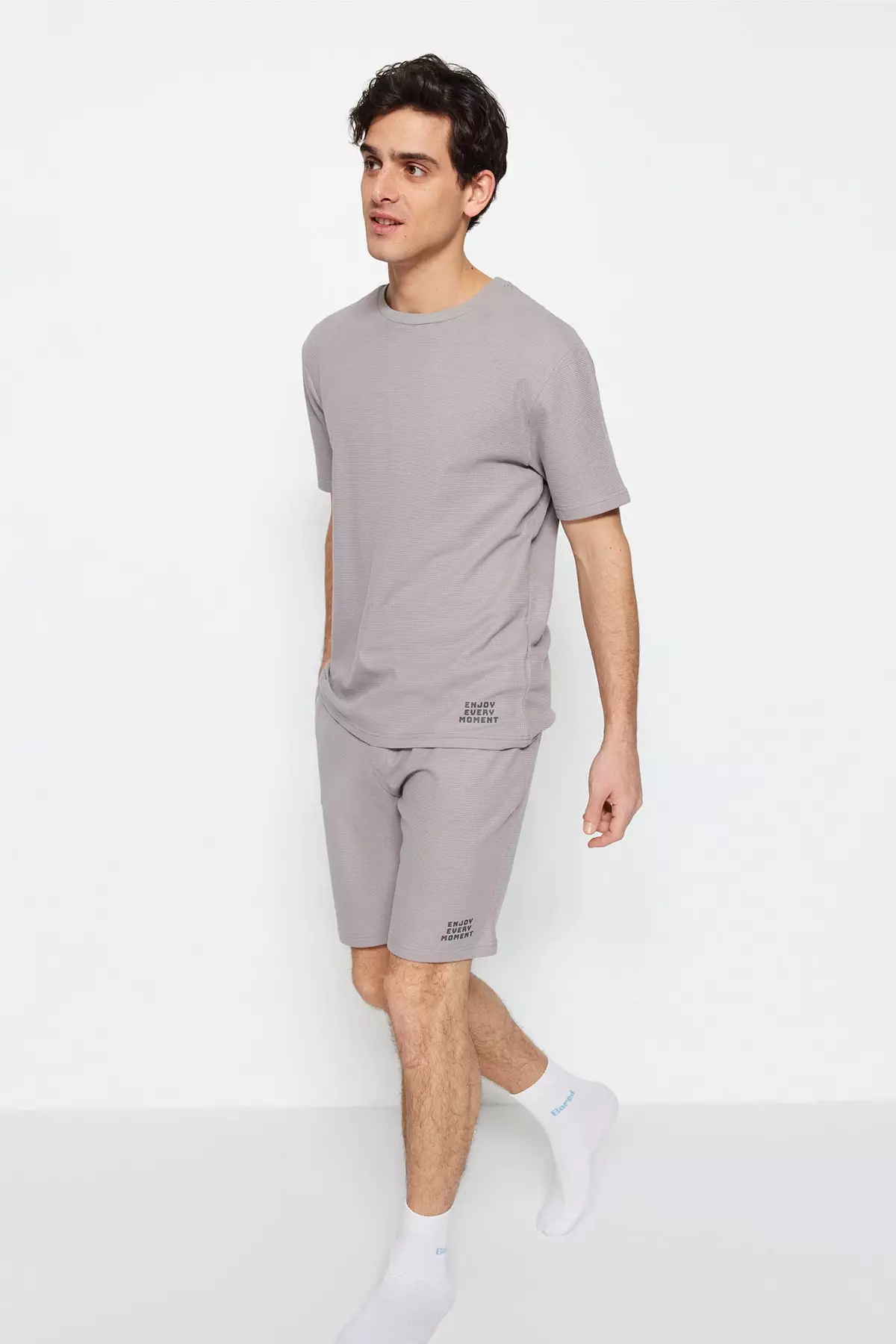 Gray Regular Fit Knitted Shorts Pajamas Set Tmnss23Pt00032