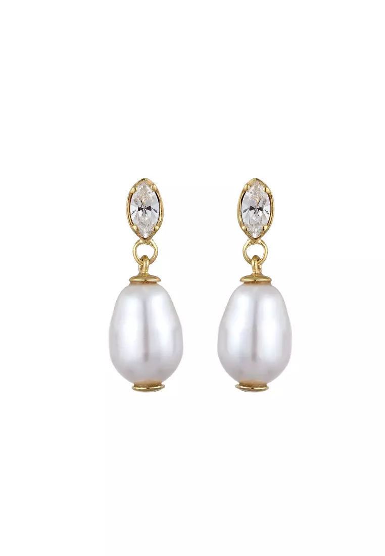 Anting Perhiasan Perak 925 Wanita White Synthetic Pearl and Crystals Gold Plated