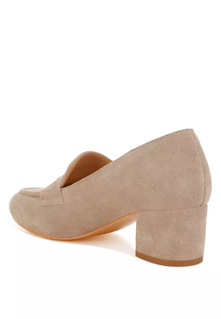 Block Heel Suede Loafers in Sand