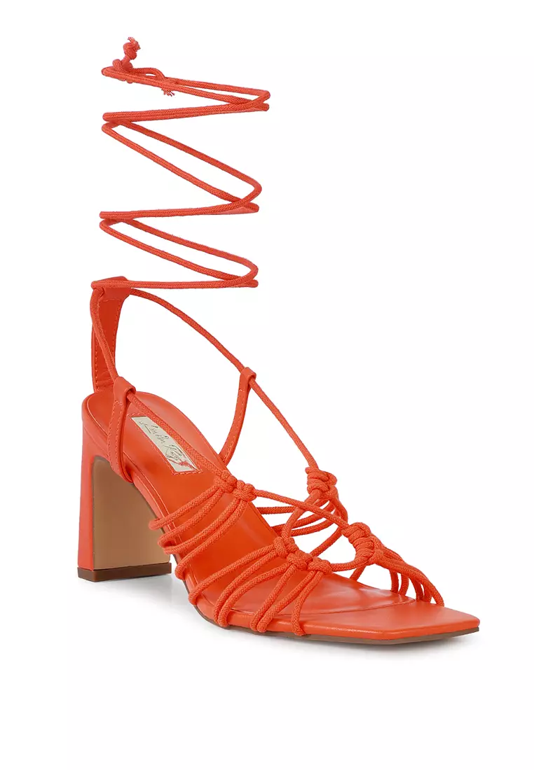 Orange Braided Tie Up Block Heeled Sandal