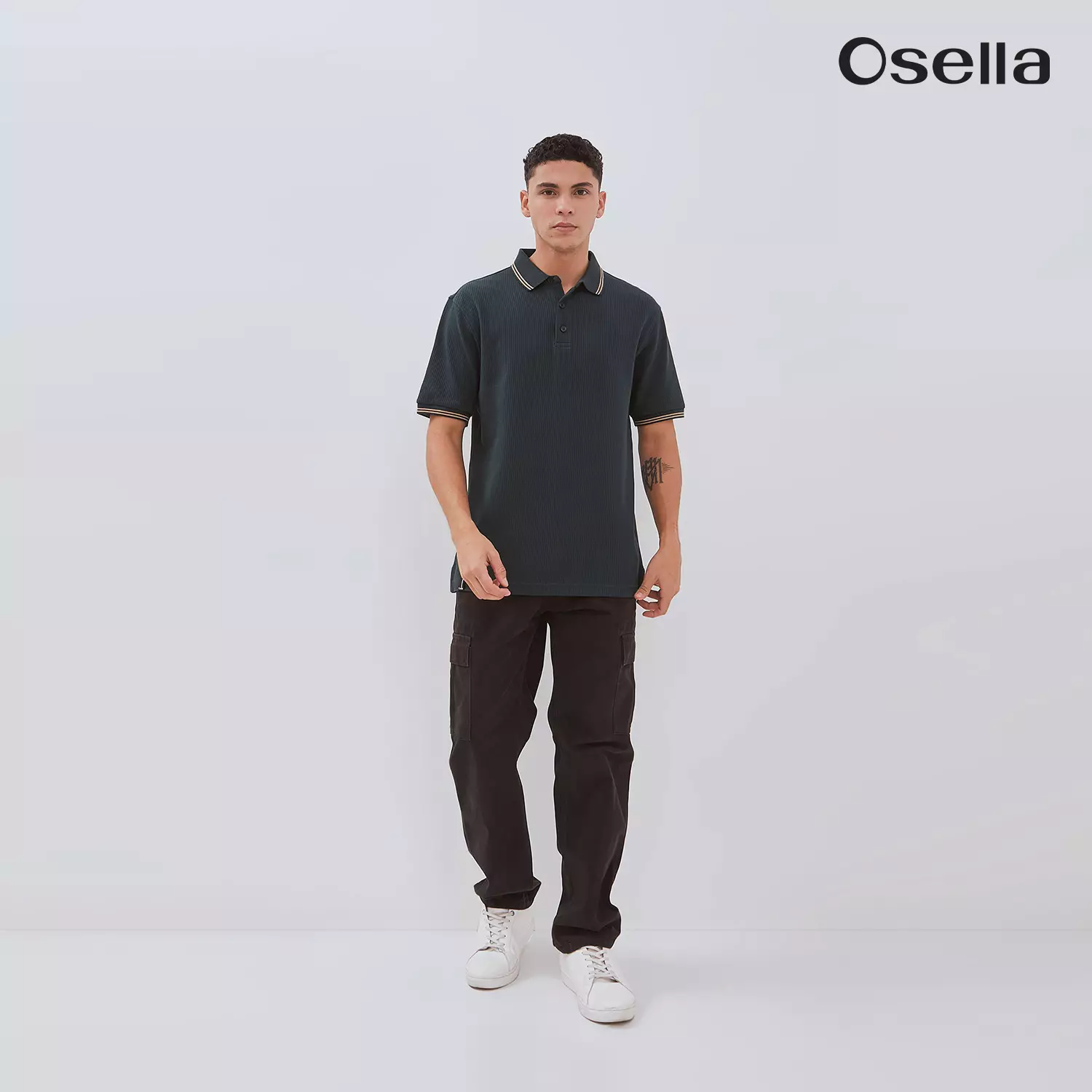 Osella Carlos Vertical Rib Textured Polo Shirt 2021501473 | Atasan Kaos Polo lengan Pendek Pria