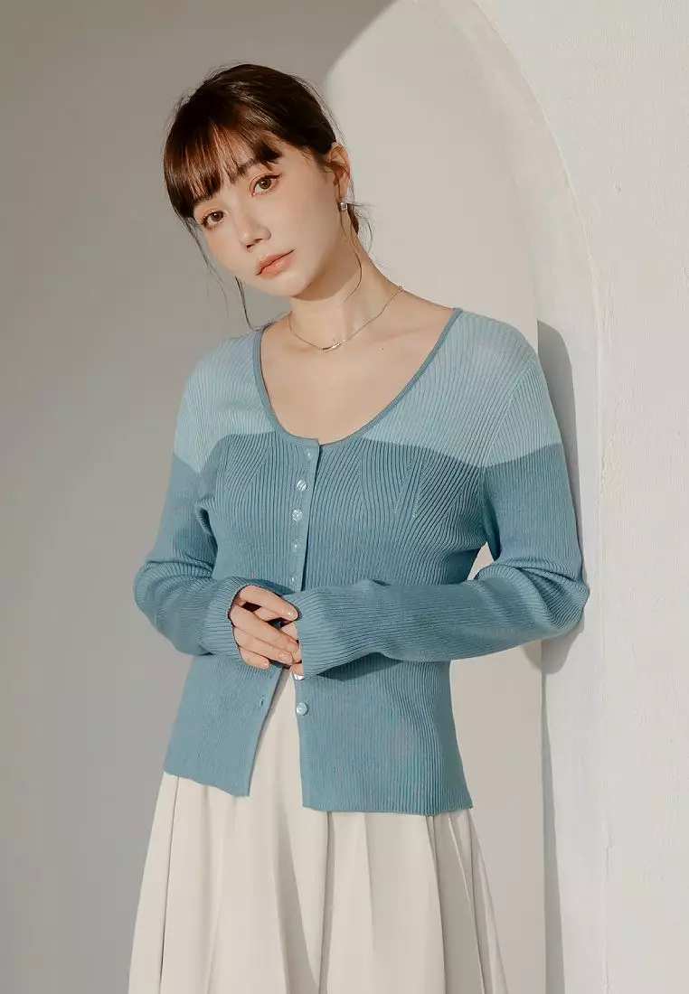High-Stretch Colorblock Sheer Fitted Knit Cardigan [FA2980]