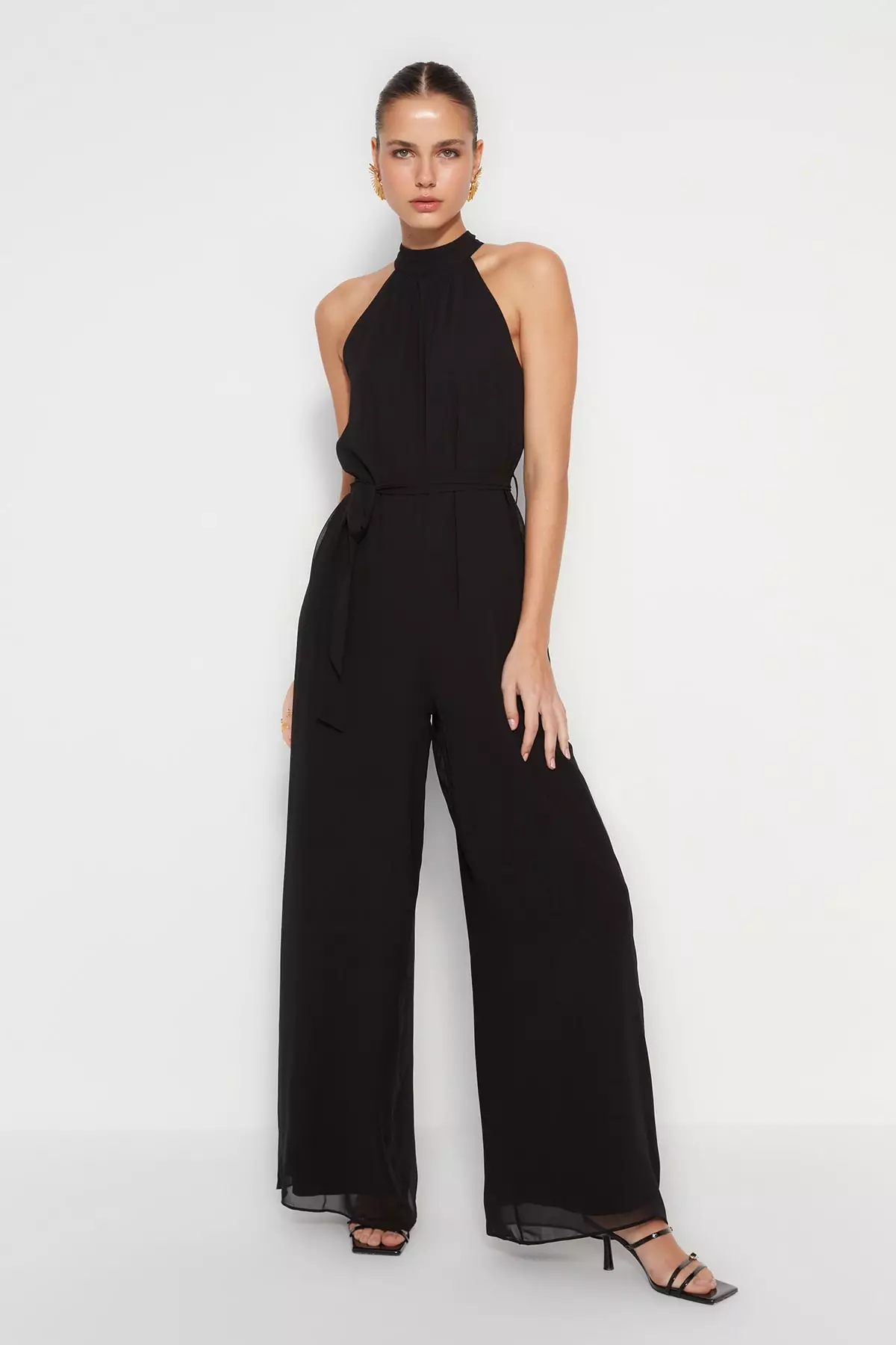 Belted Maxi Chiffon Lined Woven Jumpsuit
