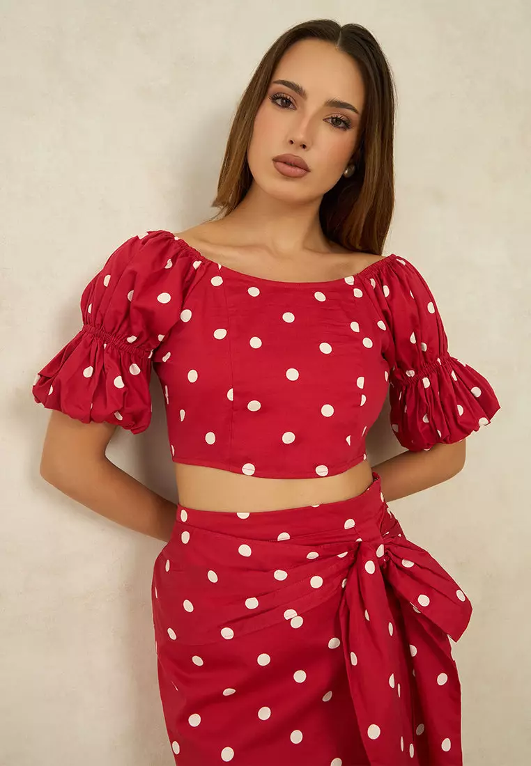 VIRGIO 100% Cotton Polka Crop Top With Puff Sleeves