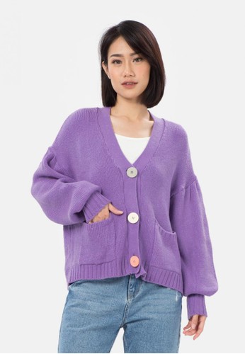 MKY CLOTHING lilac purple Colourfull Big Button Knit Cardigan in Lillac B9A80AAD97EA13GS_1