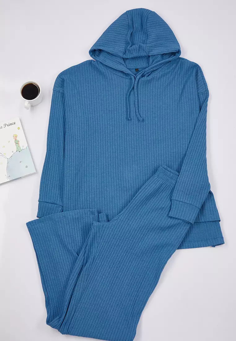 Blue Hooded Ribbed Knitted Pajama Set Thmaw22Au0334