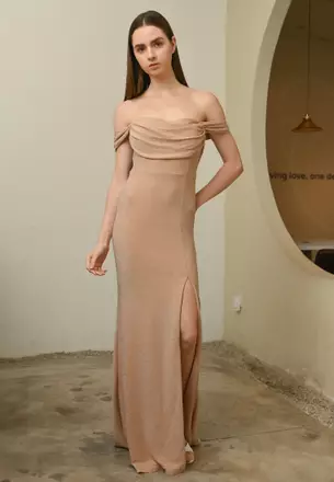 gold foil dress with sleeves Mac Duggal Metallic Long Sleeve Gown With Bow main image 1