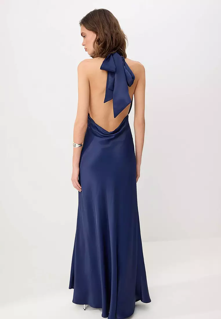 Navy Blue Halter Neck Tie-Detail Satin Maxi Evening Dress & Graduation Dress