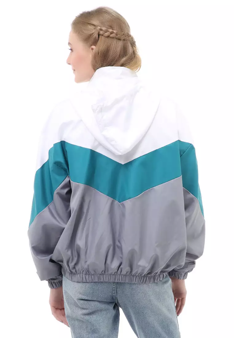 Hardwin Jacket Outer Wanita Hoodie Kombinasi 3 Warna Material Parasut Despo ORIGINAL - White Tosca Gray