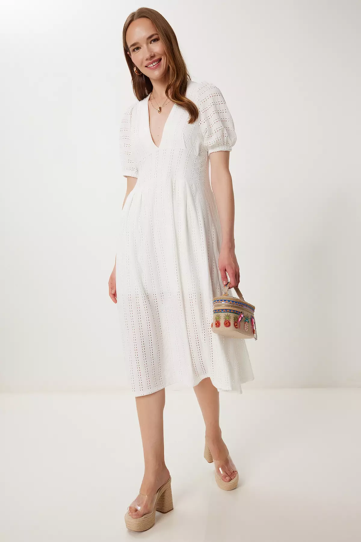 Women's Ecru Openwork Summer Midi Knitted Dress Tp00050