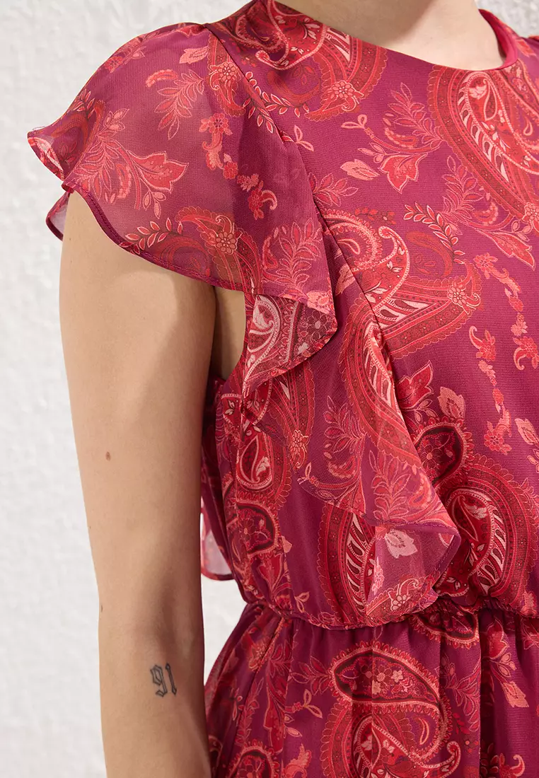 Burgundy Ethnic Patterned Waist Opening Ruffle Mini Chiffon Lined Woven Dress TWOSS24EL00745