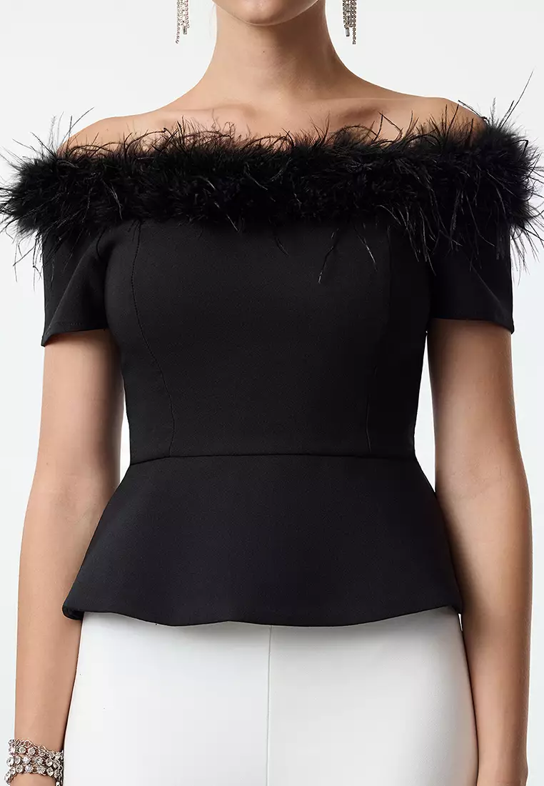 Boa Feather Off-Shoulder Top