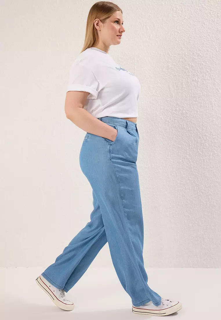 Blue High Waist Wide Leg Thin/Summer Tencel Plus Size Wide Leg Jeans TBBSS25CJ00022